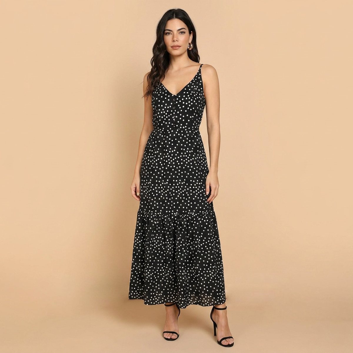 Vestido Largo Mujer Tirantes Ajustables Estampado de Puntos Casual