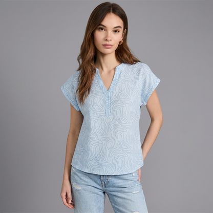 Blusa azul de Algodón Mujer Cuello Mao Estampada Fresca