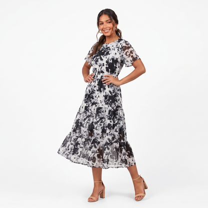 Vestido Midi Mujer Cuello Redondo Mesh con Cintura Elástica