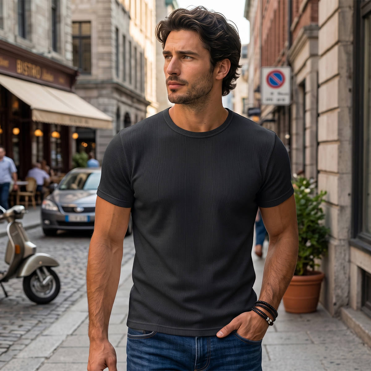 Camiseta de punto acanalado para hombre cuello redondo