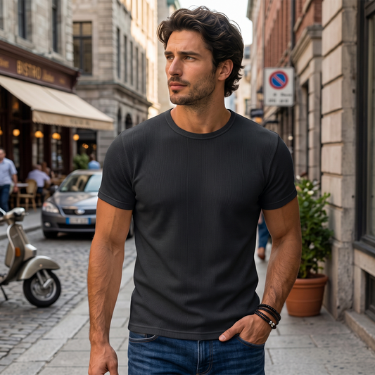 Camiseta de punto acanalado para hombre cuello redondo