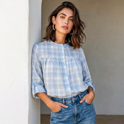 Blusa de cuadros con cuello mao y botones frontales