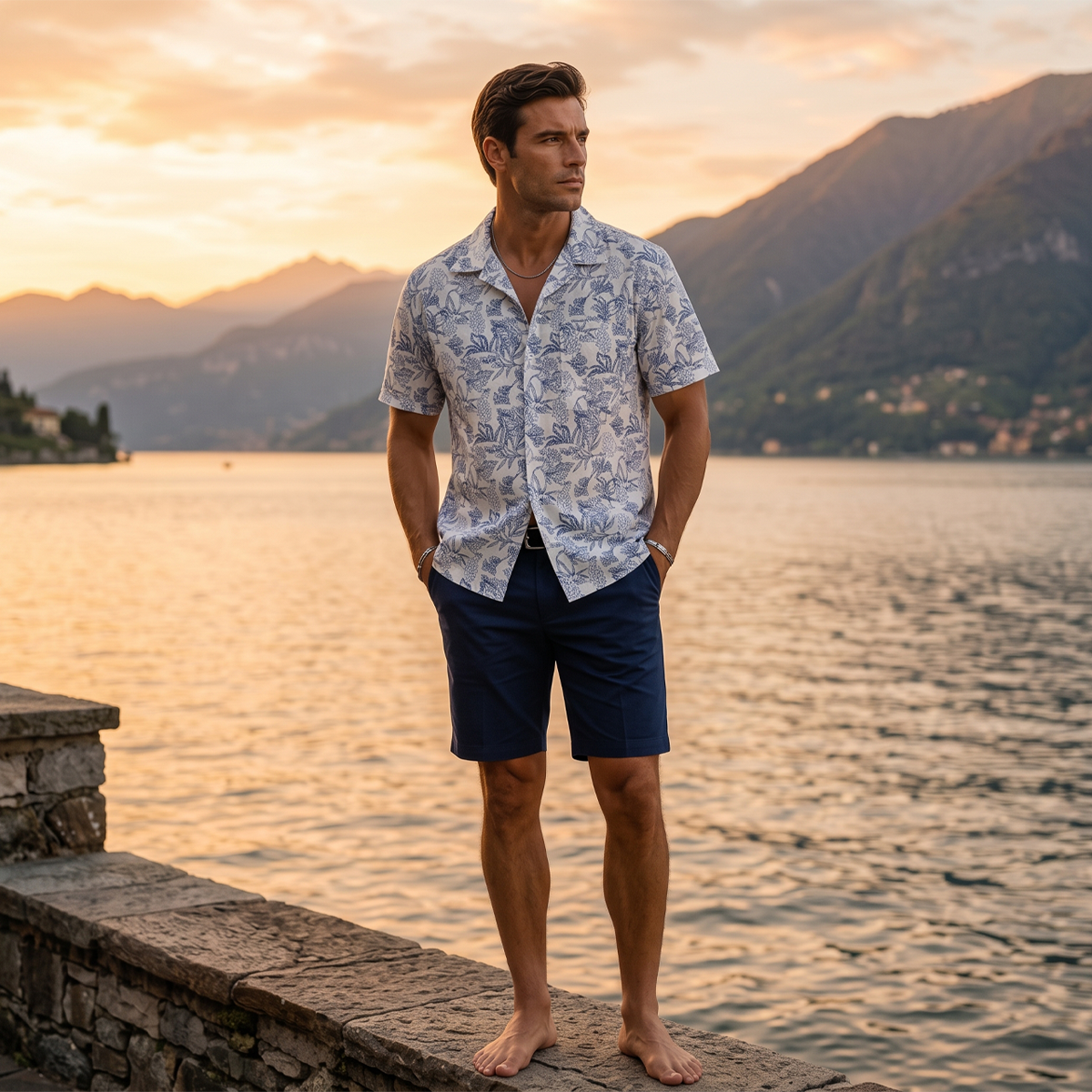 Camisa Floral Line Art Tropical Hombre Manga Corta Casual