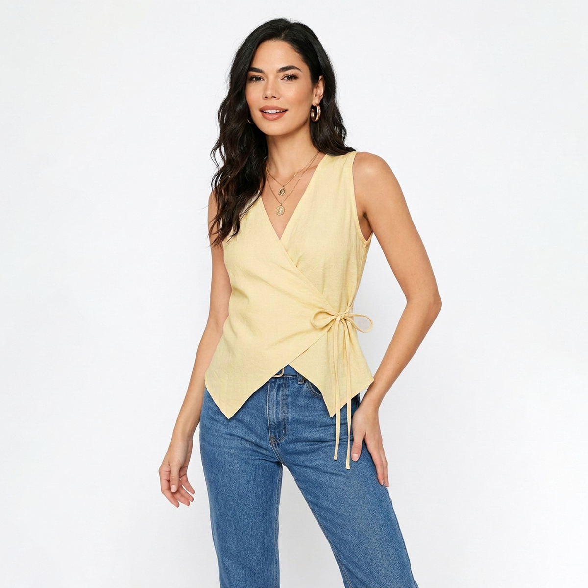 Blusa Amarilla Mujer Escote Cruzado Ajuste de Lazo Estiliza Figura