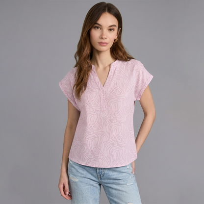 Blusa Rosada Mujer Algodón Estampada Escote V Cuello Mao Casual