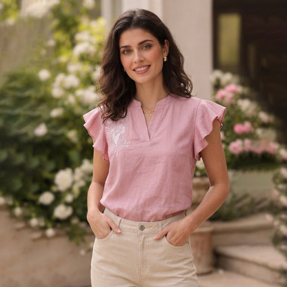 Blusa Mujer Cuello Mao Bordada Artesanal Fresca y Casual Palo de Rosa