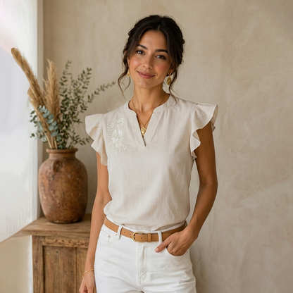 Blusa Mujer Algodón Arena Bordado Artesanal Cuello Mao Moderna