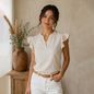 Blusa Mujer Algodón Arena Bordado Artesanal Cuello Mao Moderna