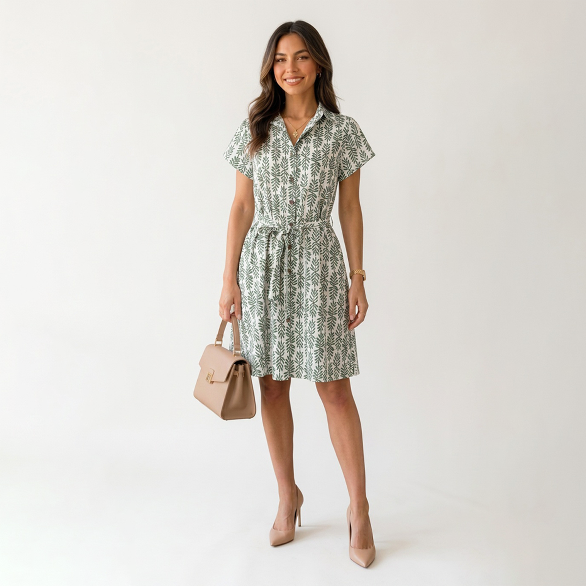 Vestido Casual Camisero Corto Mujer Estampado con Cinturón Ajustable Verde