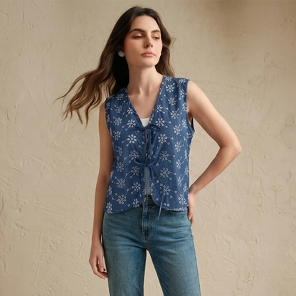 Blusa Mujer Sisada Tipo Chaleco con Lazos Ajustables Bordada