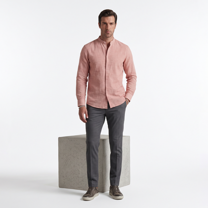 Camisa de hombre manga larga con cuello mao color rosa