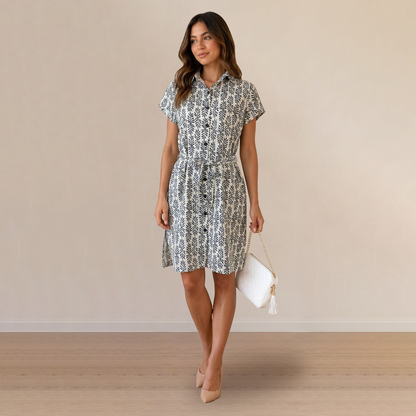 Vestido Negro Corto Mujer Camisero Estampado Casual con Cinturón