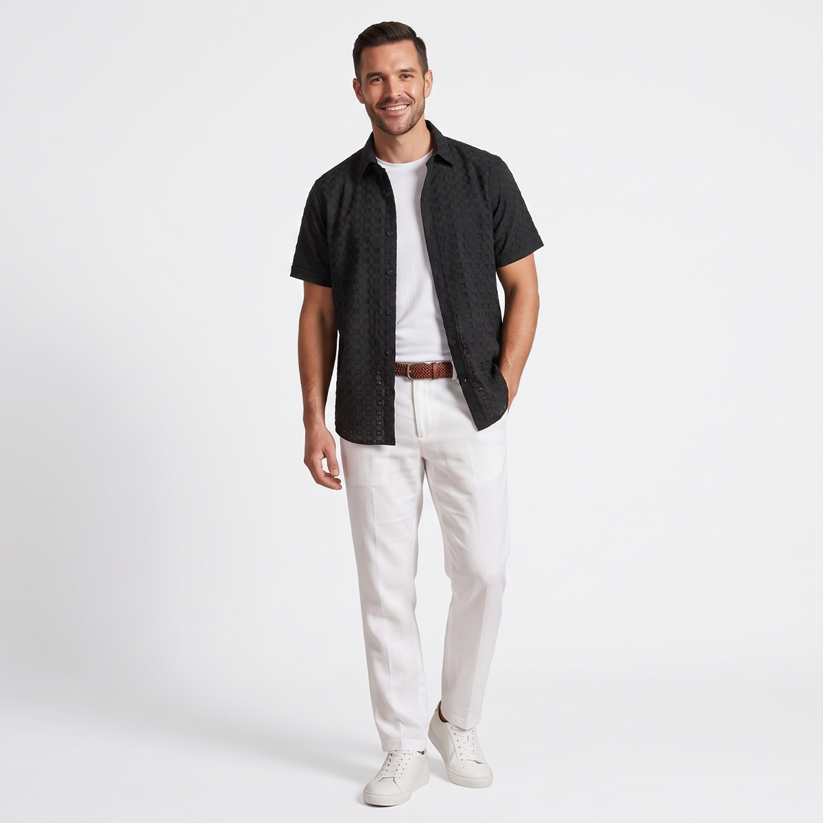 Camisa de manga corta con textura jacquard para hombre
