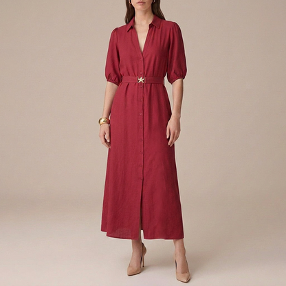 Vestido Rojo Vino Largo Mujer Camisero Escote V Cinturón Ajustable Dorado