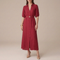 Vestido Rojo Vino Largo Mujer Camisero Escote V Cinturón Ajustable Dorado