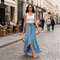 Falda Azul Cielo Midi Mujer Asimétrica Cintura Elástica con Moño Frontal