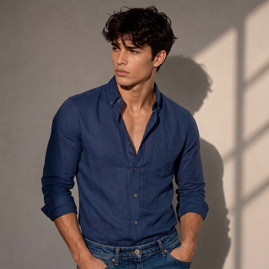Camisa de apariencia de lino manga larga azul plumbago para hombre