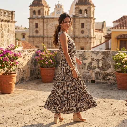 Falda Midi Mujer Estampada Negra con Olanes y Abertura en Pierna