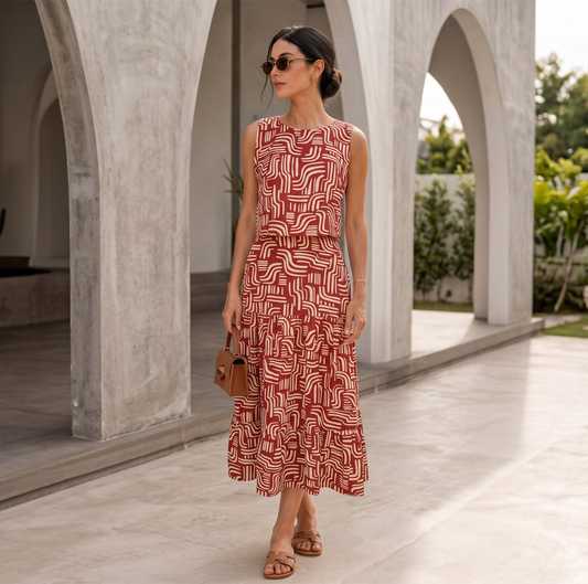 Falda Midi Estampado Rojo Mujer con Olanes y Cintura Elástica