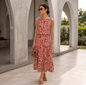 Falda Midi Estampado Rojo Mujer con Olanes y Cintura Elástica