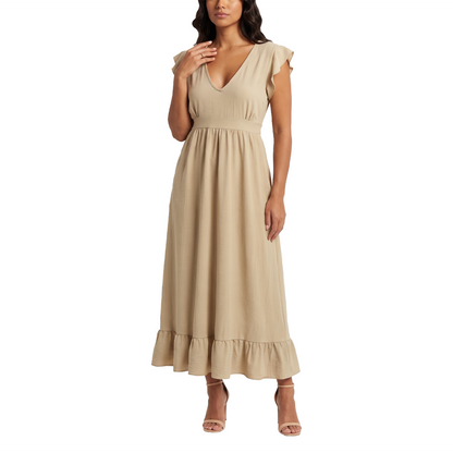 Vestido Largo Mujer Escote V con Elástico en Espalda Color Caqui
