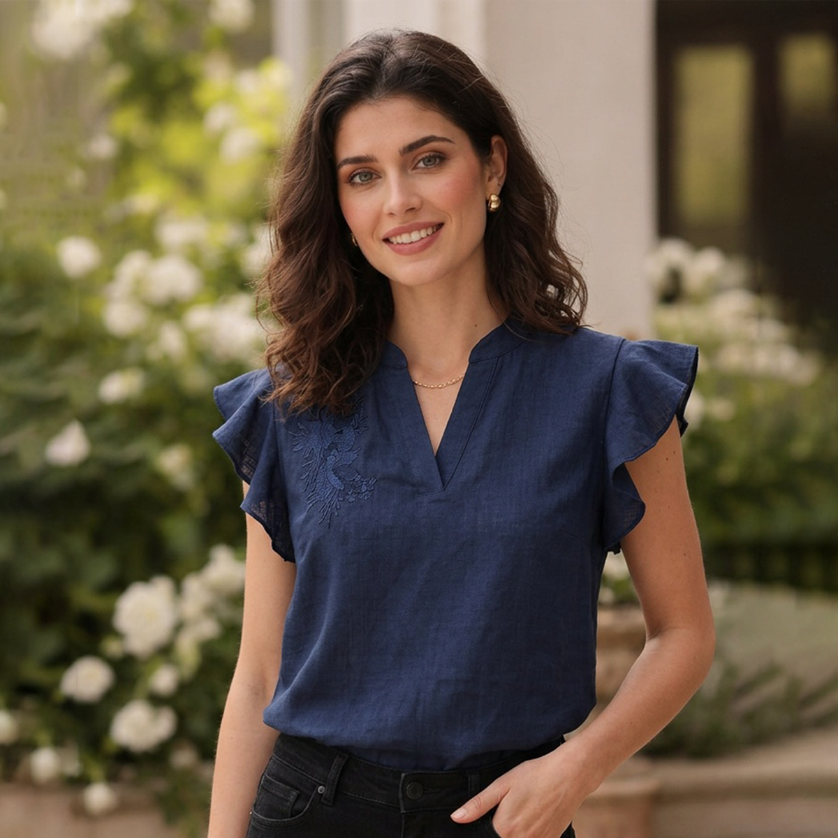 Blusa Azul Marino Casual Mujer Algodón Cuello Mao Bordada Artesanal