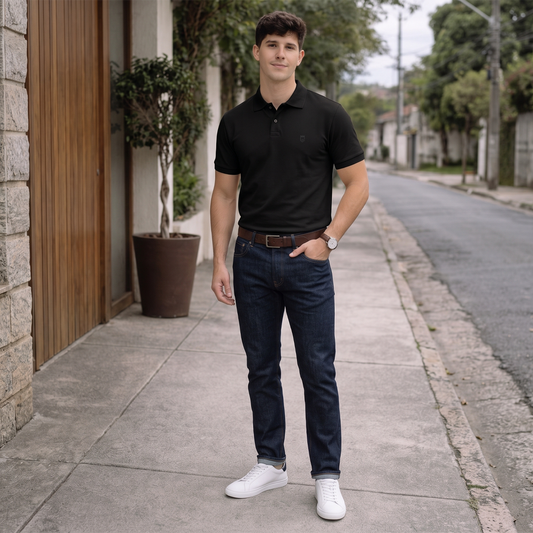 Playera Tipo Polo Negra Corte Slim Fit Con Bordado Para Caballero