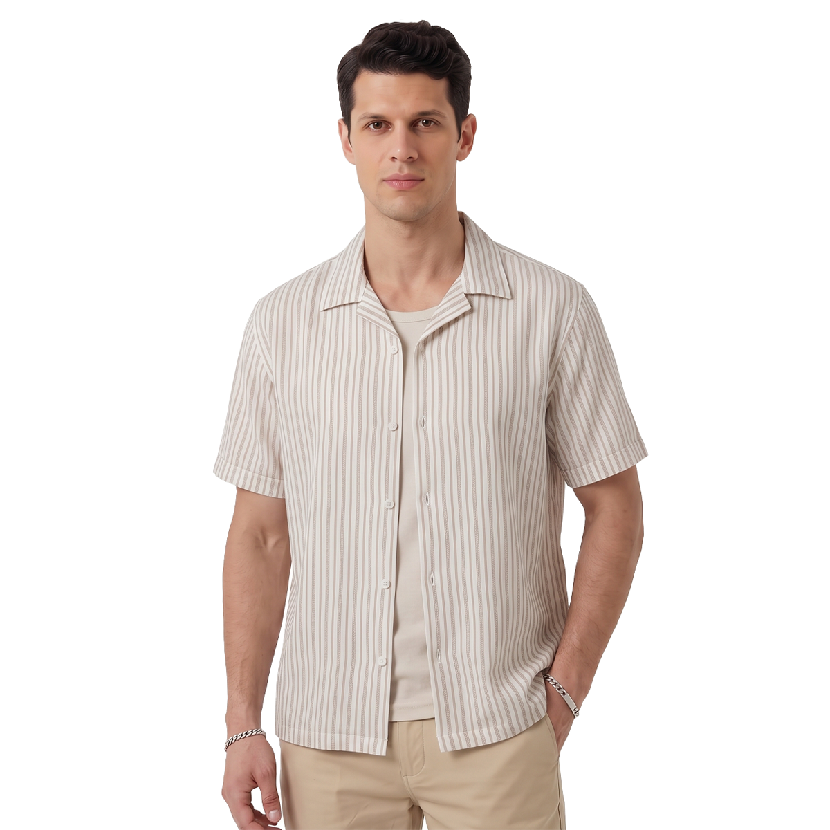 Camisa Hombre Algodón Loose Fit Estampado Vertical Caqui y Blanco Manga Corta