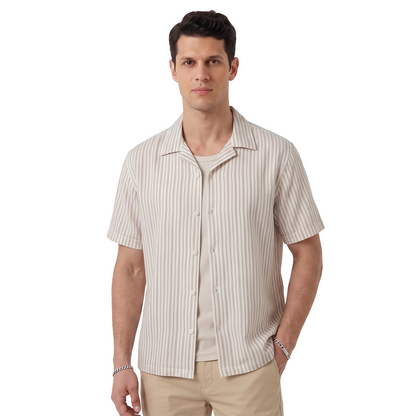 Camisa Hombre Algodón Loose Fit Estampado Vertical Caqui y Blanco Manga Corta