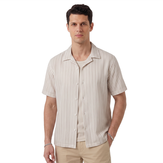 Men's Cotton Loose Fit Vertical Print Khaki and White Short Sleeve Shirt