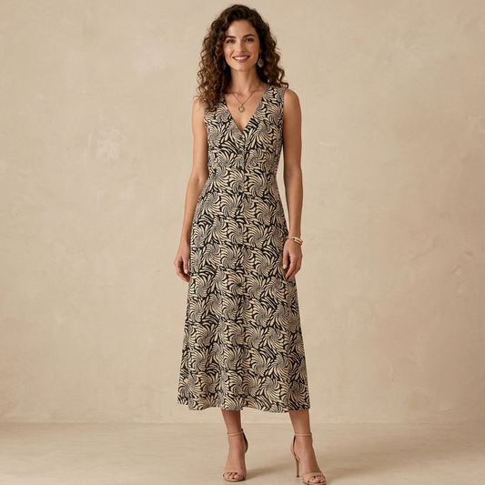 Vestido midi sin mangas con estampado de remolinos en negro y beige