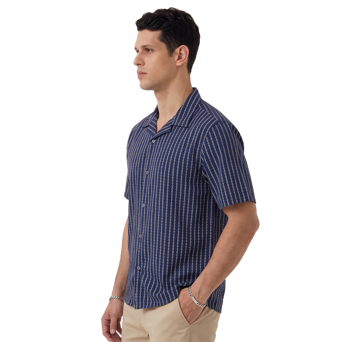 Camisa Azul Marino Estampado Casual Hombre Loose Fit Algodón