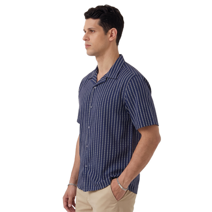 Camisa Azul Marino Estampado Casual Hombre Loose Fit Algodón