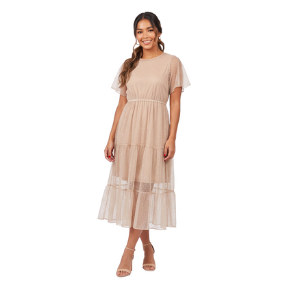 Vestido Palo de Rosa Midi Mujer Mesh Cuello Redondo con Forro Corto