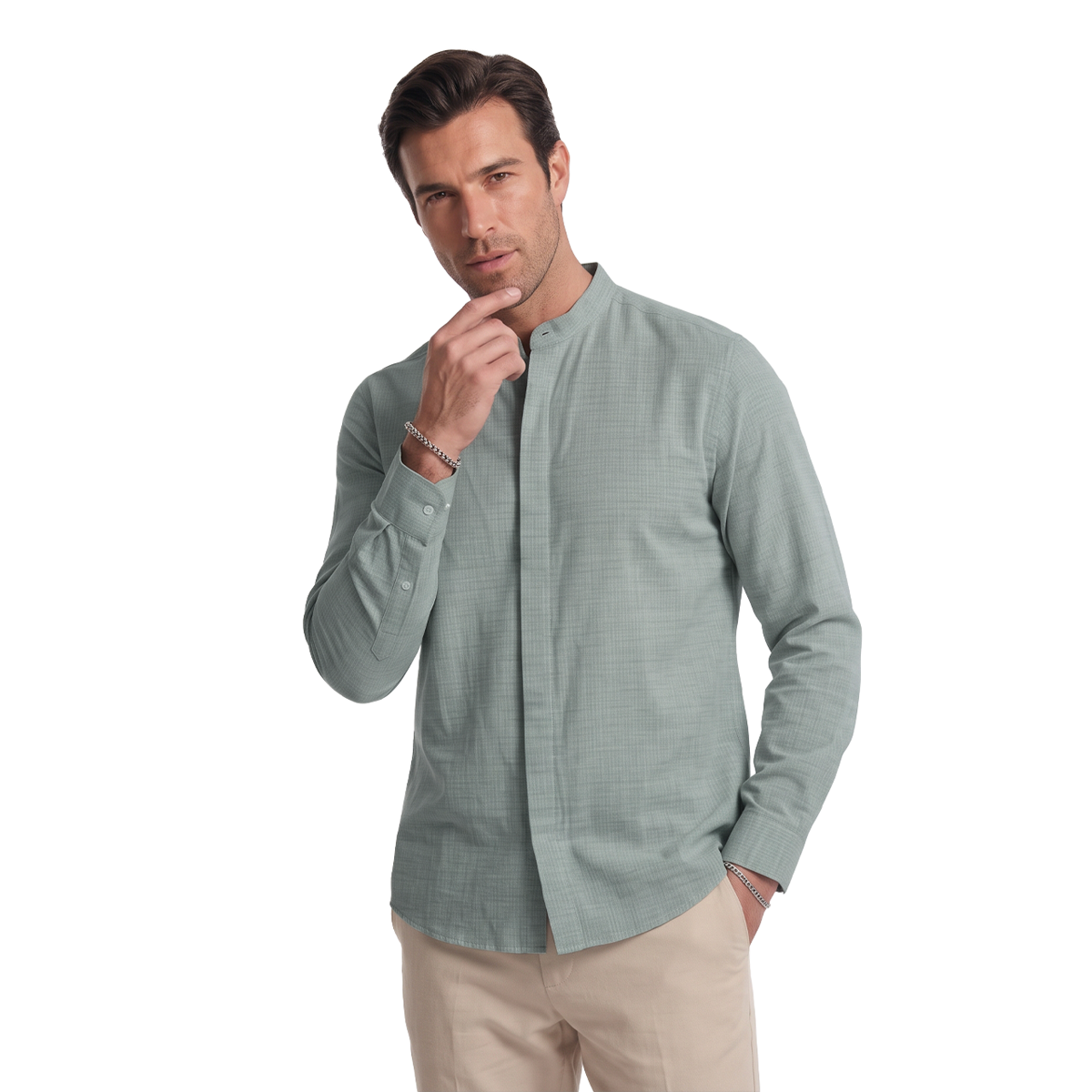 Camisa de hombre con cuello mao en color verde