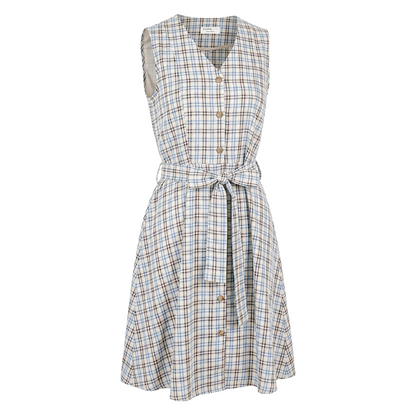 Vestido Camisero Corto Mujer Escote V Estampado Cuadros Azules