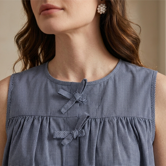 Blusa Sisada Azul Marino Mujer Estampada a Cuadros con Botones Ocultos
