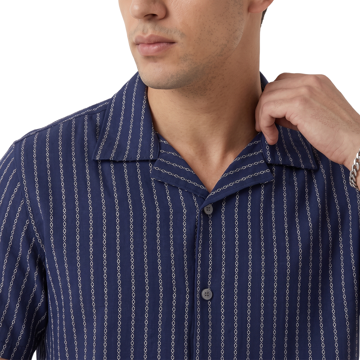 Camisa Azul Marino Estampado Casual Hombre Loose Fit Algodón