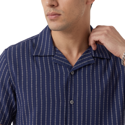 Camisa Azul Marino Estampado Casual Hombre Loose Fit Algodón