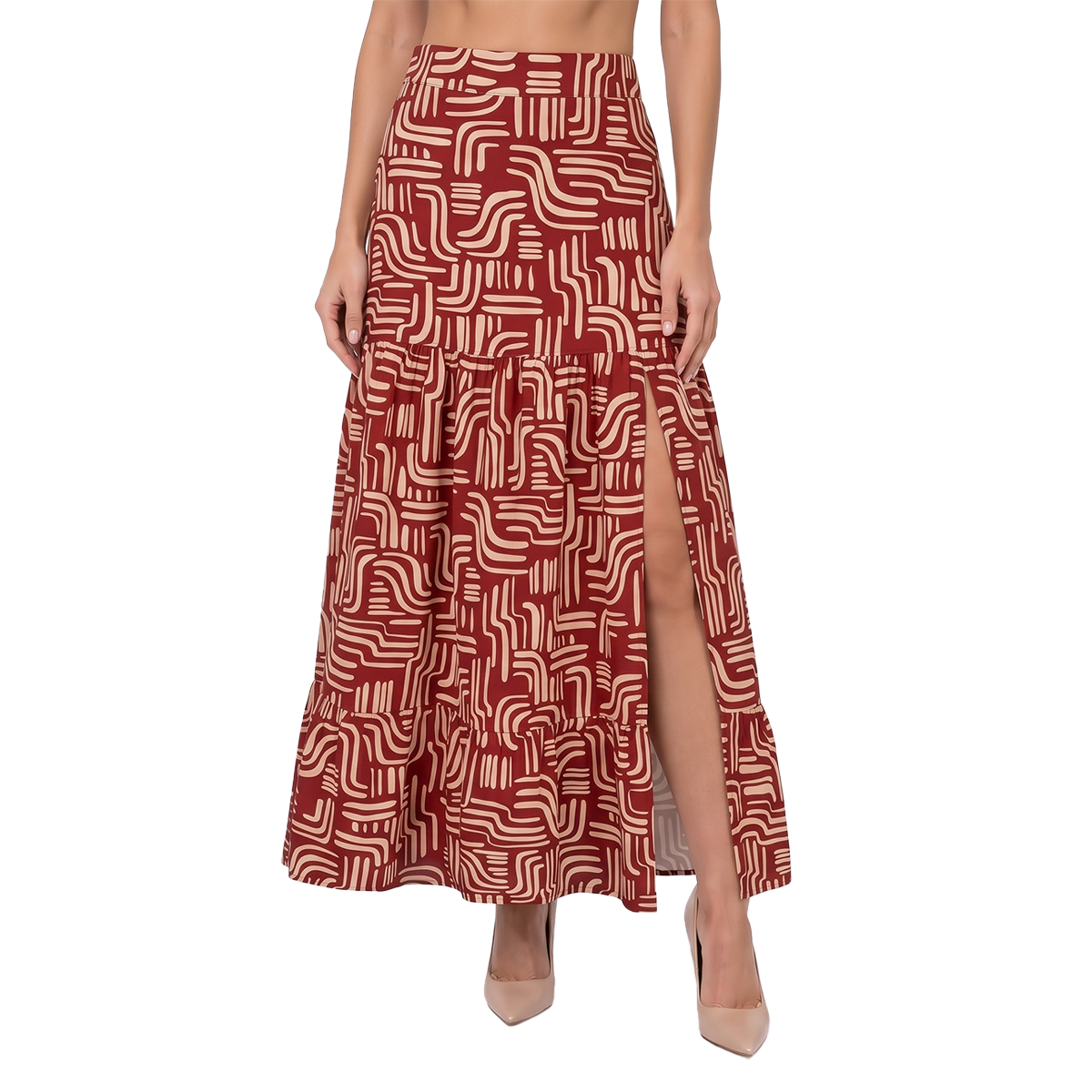 Falda Midi Estampado Rojo Mujer con Olanes y Cintura Elástica