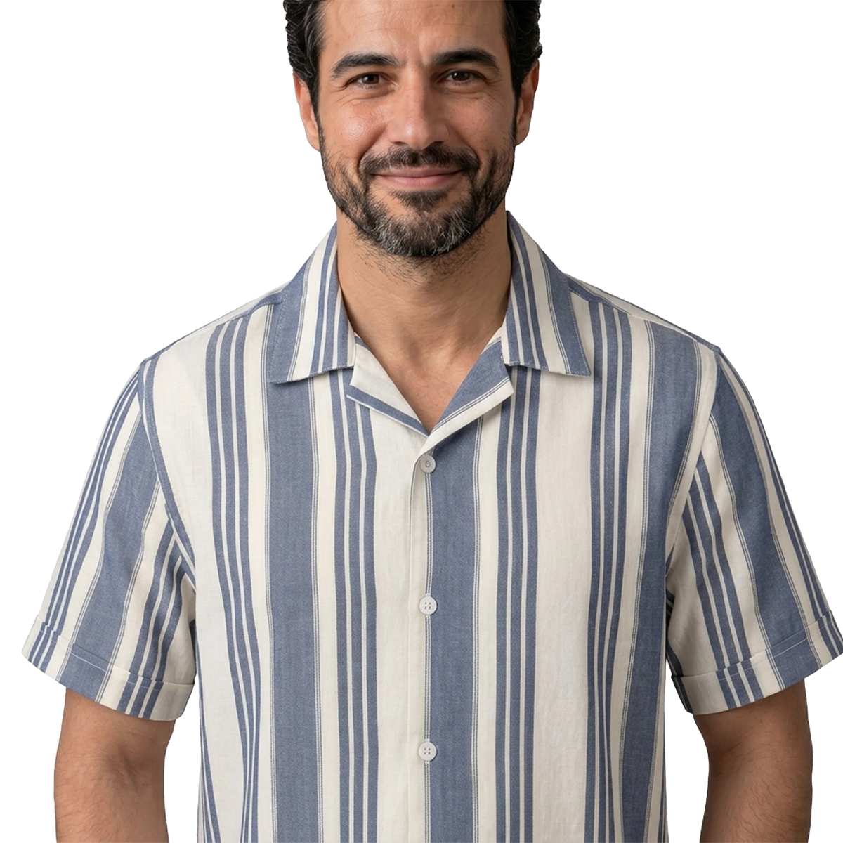 Camisa Hombre Loose Fit Estampado Vertical Cuello Resort Tela Algodón