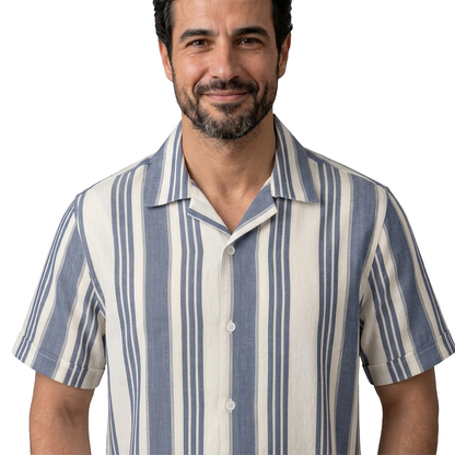 Camisa Hombre Loose Fit Estampado Vertical Cuello Resort Tela Algodón