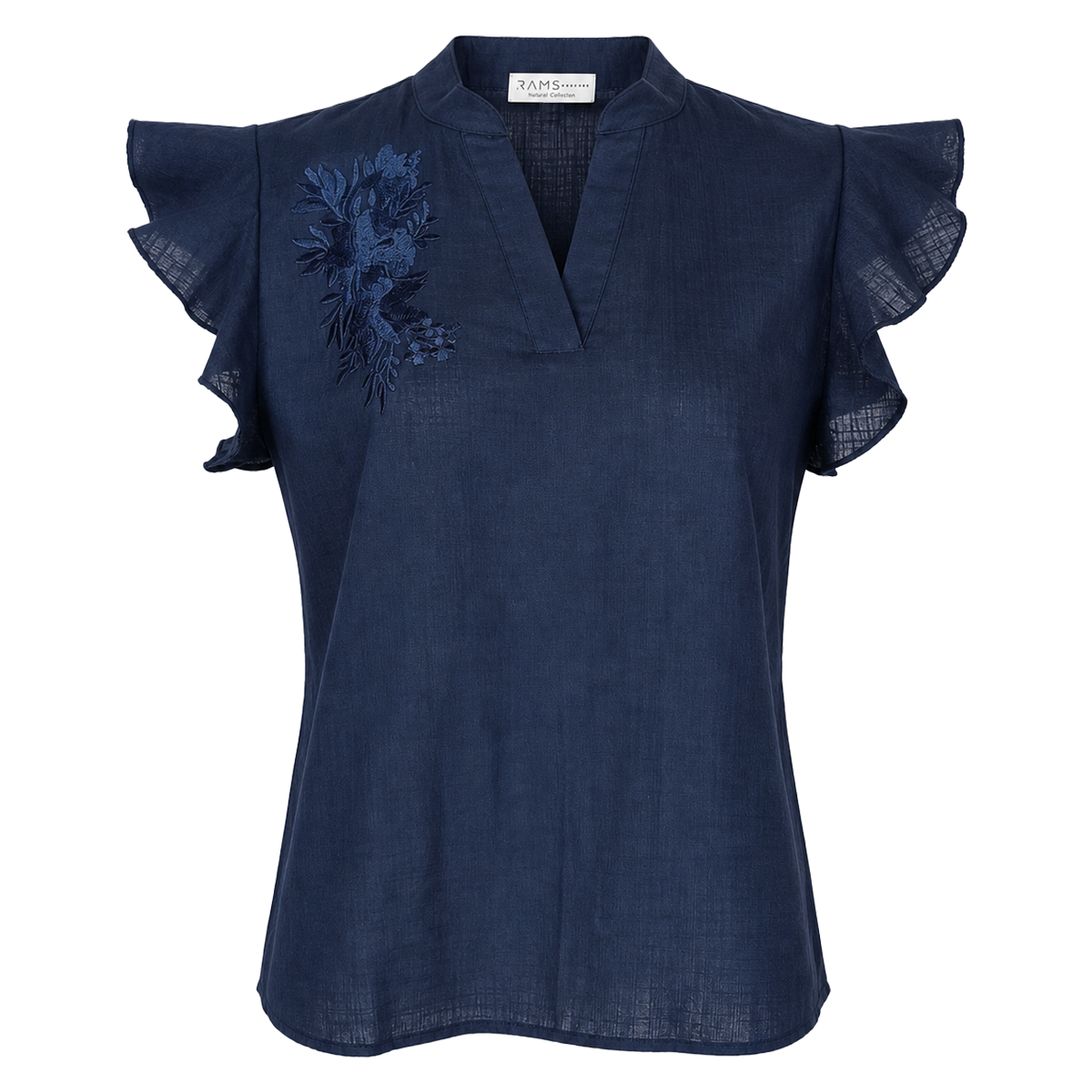 Blusa Azul Marino Casual Mujer Algodón Cuello Mao Bordada Artesanal
