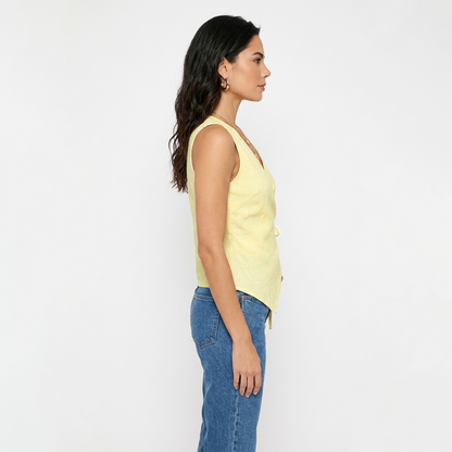 Blusa Amarilla Mujer Escote Cruzado Ajuste de Lazo Estiliza Figura