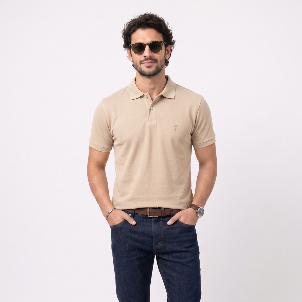 Playera Tipo Polo Caqui Slim Fit Con Bordado Moderno