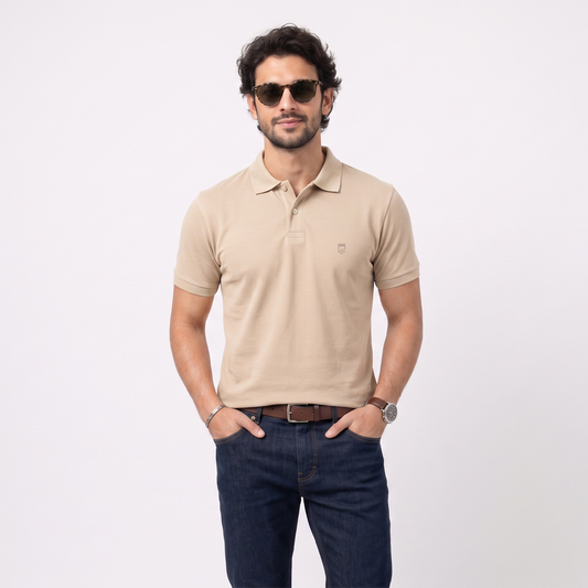 Playera Tipo Polo Caqui Slim Fit Con Bordado Moderno
