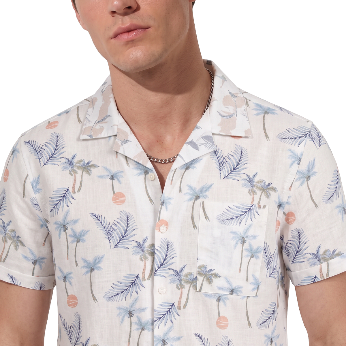 Camisa Hombre Manga Corta Estampado Tropical Moderna Cuello Resort