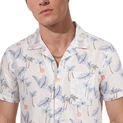 Camisa Hombre Manga Corta Estampado Tropical Moderna Cuello Resort