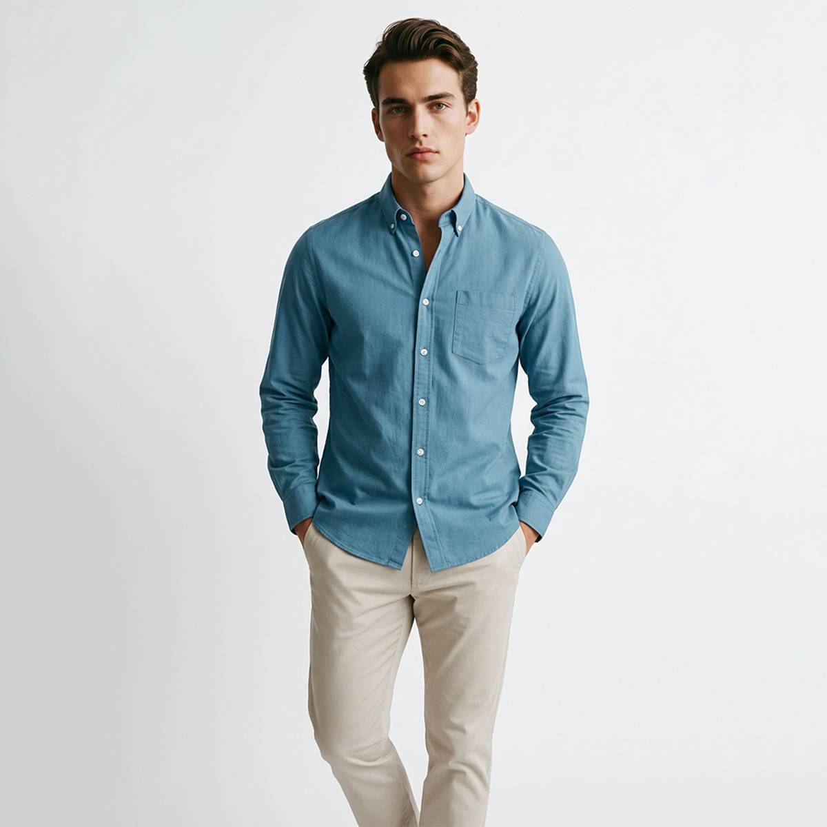 Camisa de manga larga con cuello button-down y bolsillo en pecho