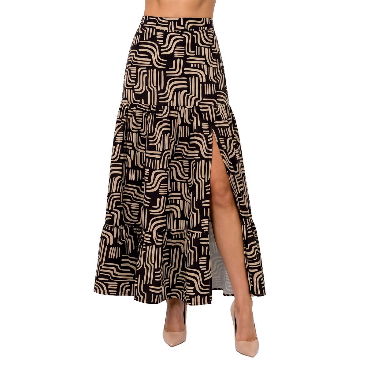 Falda Midi Mujer Estampada Negra con Olanes y Abertura en Pierna
